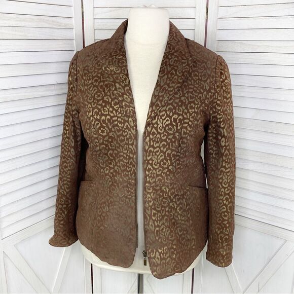 Pamela McCoy Metallic Leopard Print Leather Coat Brown Gold 1X Zipper Front - Picture 2 of 15